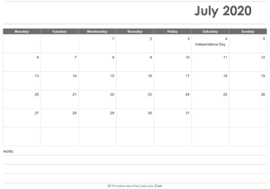 calendar july 2020 printable with holidays (landscape layout)