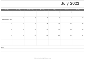 calendar july 2022 printable with holidays (landscape layout)