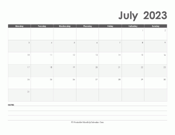 calendar july 2023 printable holidays landscape