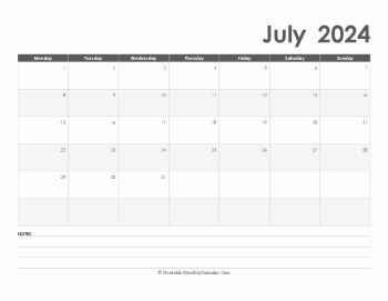 calendar july 2024 printable with holidays (landscape layout)