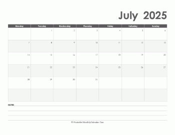calendar july 2025 printable holidays landscape