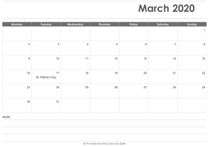 calendar march 2020 printable with holidays (landscape layout)