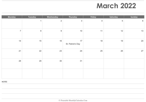 calendar march 2022 printable holidays landscape