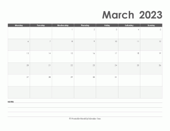 calendar march 2023 printable with holidays landscape layout