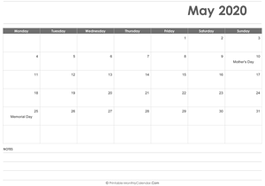 calendar may 2020 printable with holidays (landscape layout)