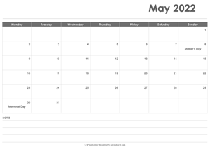 calendar may 2022 printable with holidays (landscape layout)