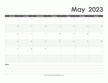 calendar may 2023 printable holidays landscape