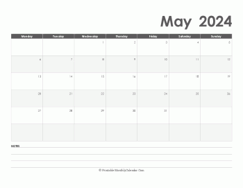 calendar may 2024 printable holidays landscape