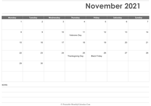 calendar november 2021 printable holidays landscape