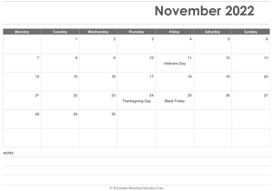 calendar november 2022 printable with holidays landscape layout