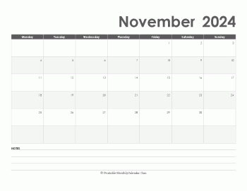 calendar november 2024 printable holidays landscape
