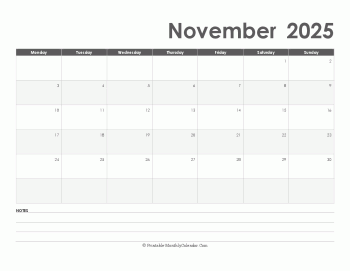 calendar november 2025 printable holidays landscape