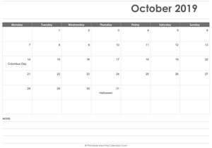 calendar october 2019 printable with holidays (landscape layout)