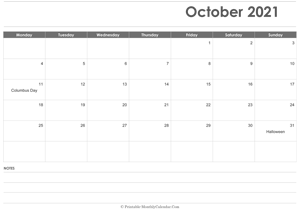 calendar october 2021 printable holidays landscape