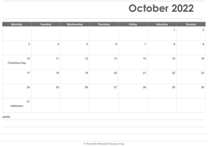 calendar october 2022 printable with holidays (landscape layout)