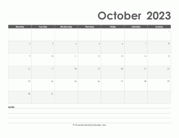 calendar october 2023 printable holidays landscape