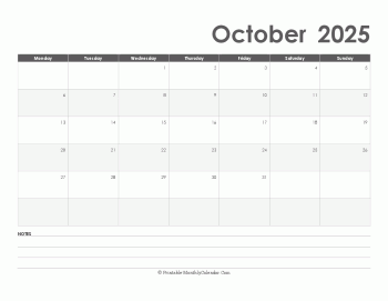 calendar october 2025 printable with holidays landscape layout
