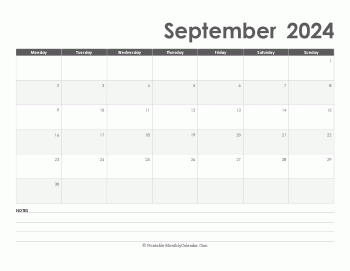 calendar september 2024 printable with holidays (landscape layout)
