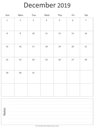 december 2019 printable calendar (portrait layout)