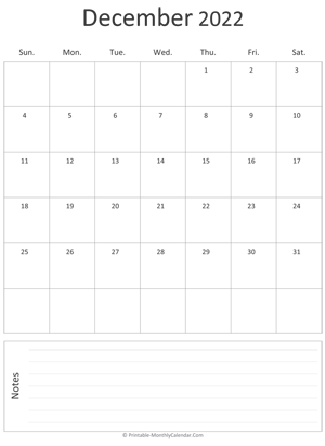 december 2022 printable calendar (portrait layout)