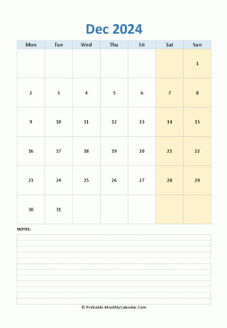 december 2024 editable calendar notes vertical
