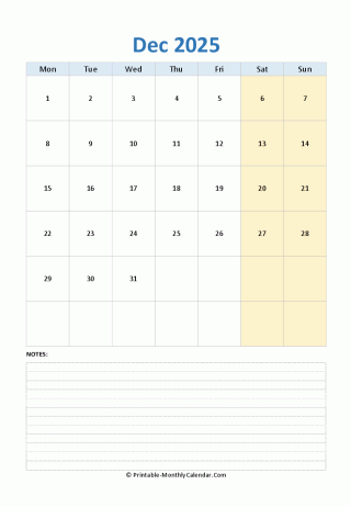 december 2025 editable calendar notes vertical