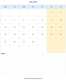 february 2019 editable calendar notes vertical