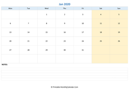 january 2020 editable calendar with notes (horizontal layout)