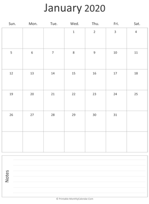 january 2020 printable calendar portrait