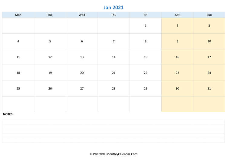january 2021 editable calendar with notes (landscape layout)