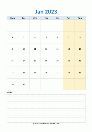 January 2023 Calendar (vertical)