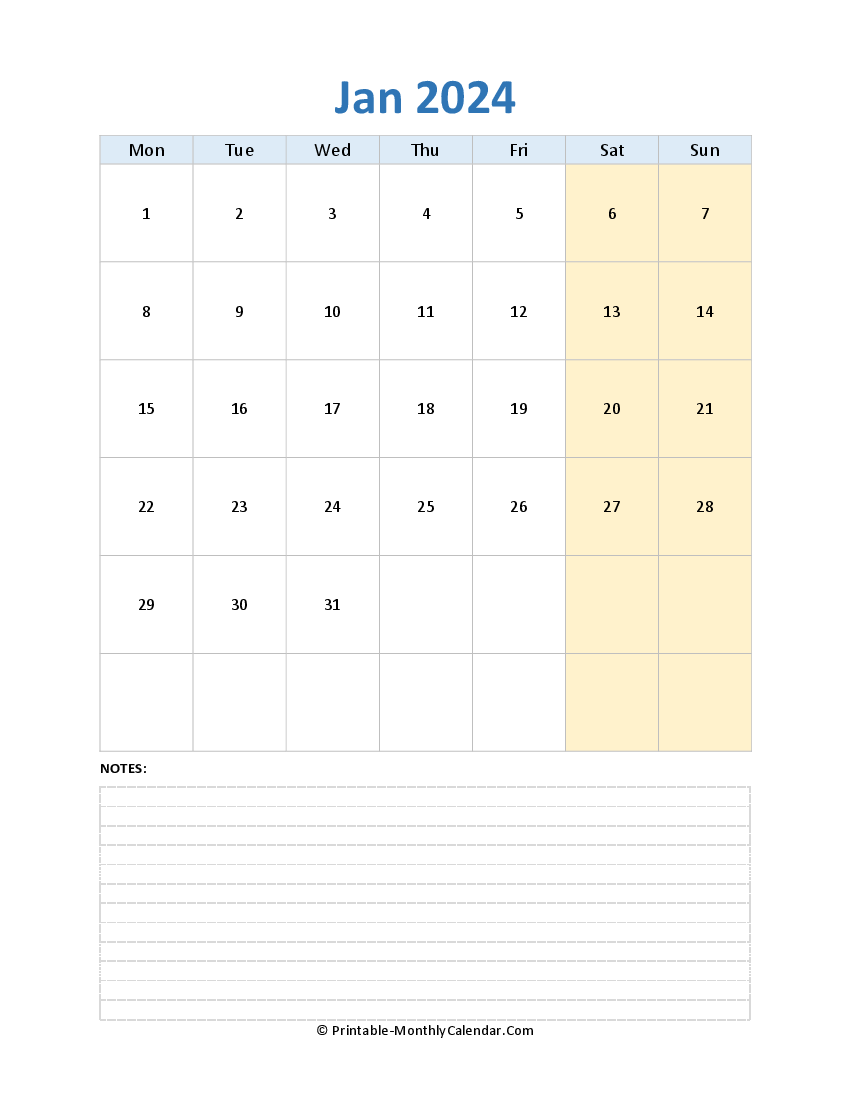 january 2024 editable calendar with notes (vertical layout)