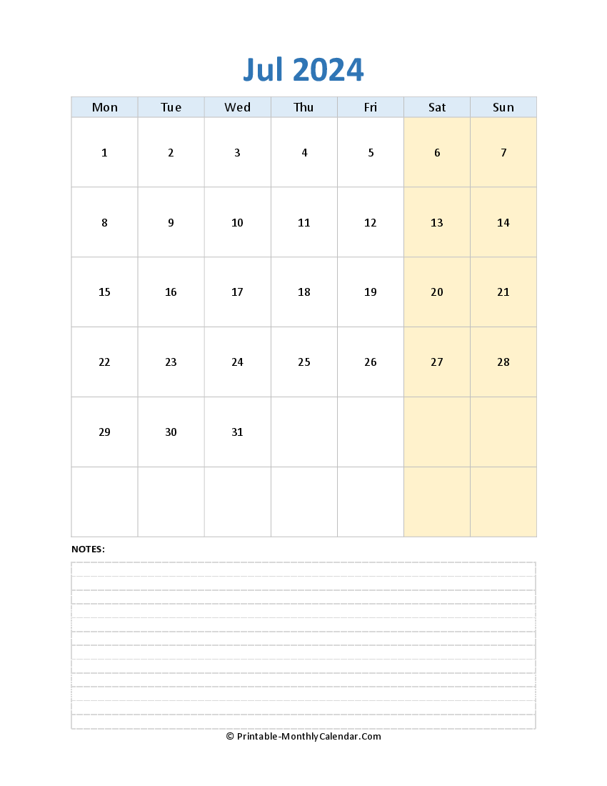 july 2024 editable calendar with notes (vertical layout)