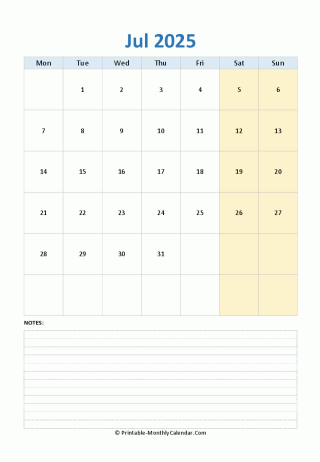july 2025 editable calendar notes vertical