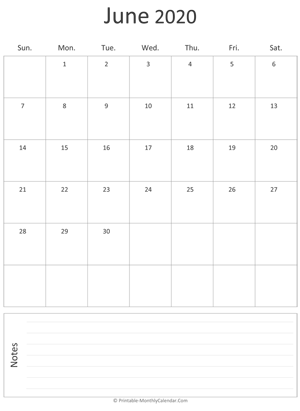 june 2020 printable calendar (portrait layout)