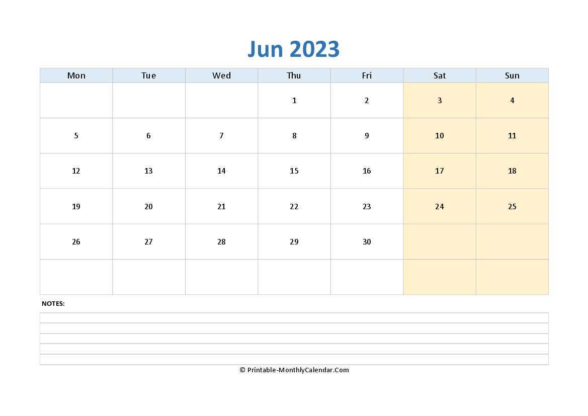 june 2023 editable calendar with notes (landscape layout)