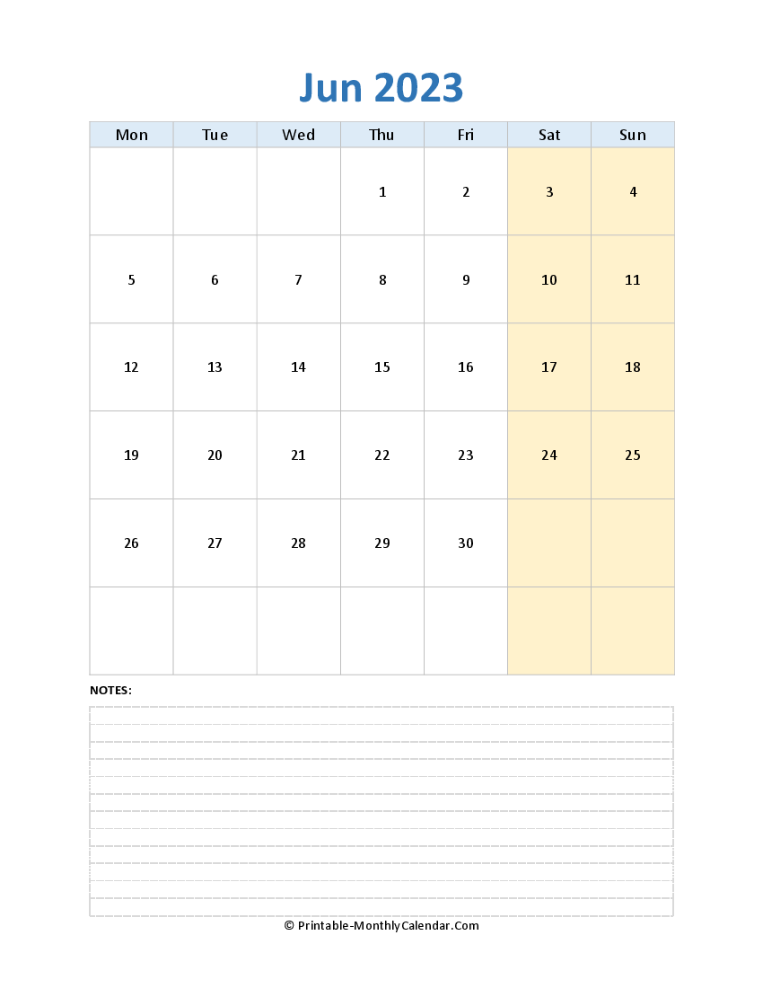 june 2023 editable calendar with notes (vertical layout)