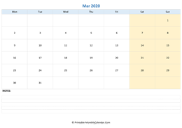 march 2020 editable calendar with notes (horizontal layout)