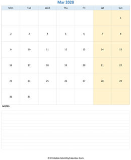 march 2020 editable calendar notes vertical