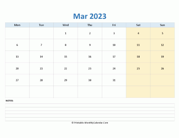 march 2023 editable calendar with notes (horizontal layout)