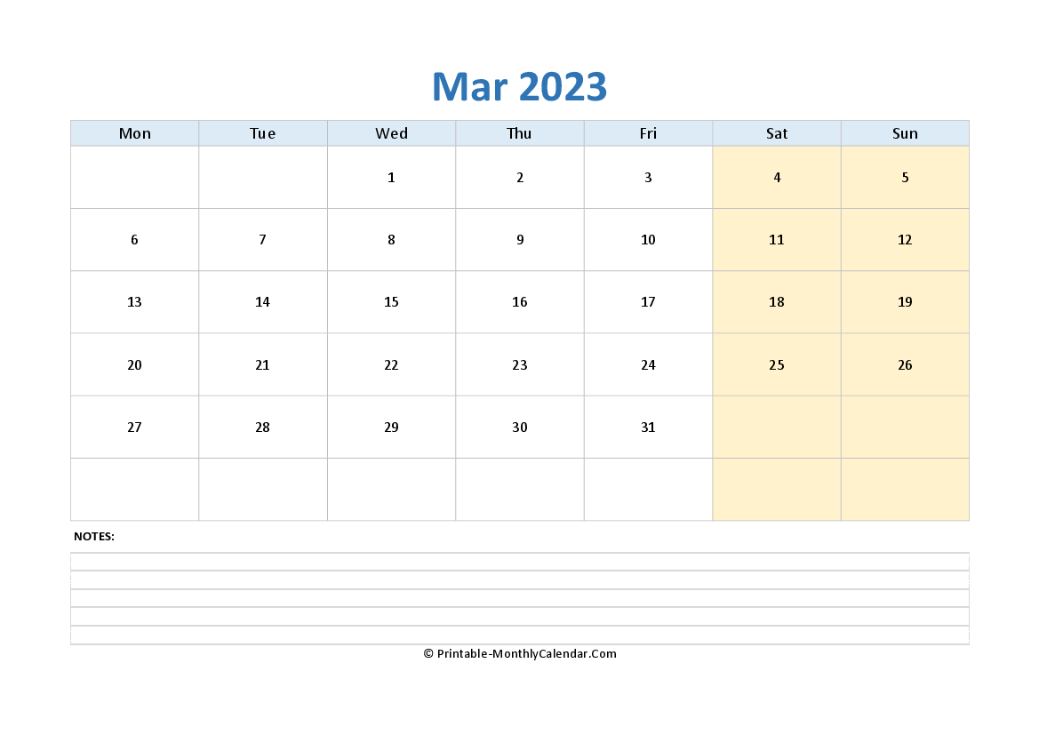 march 2023 editable calendar with notes (landscape layout)