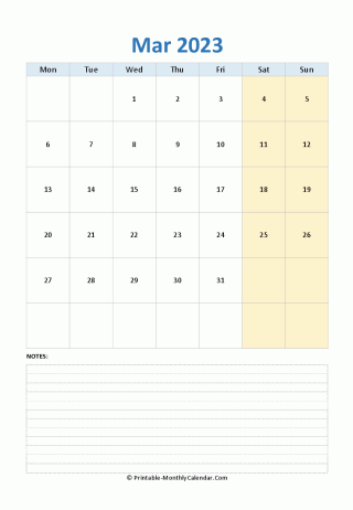march 2023 editable calendar notes vertical