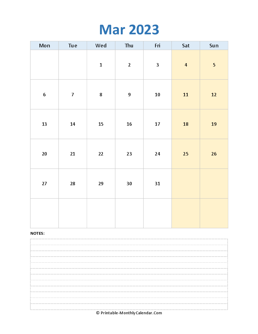 march 2023 editable calendar with notes (vertical layout)