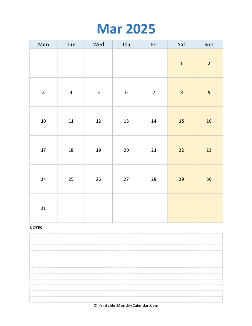 march 2025 editable calendar with notes (vertical layout)