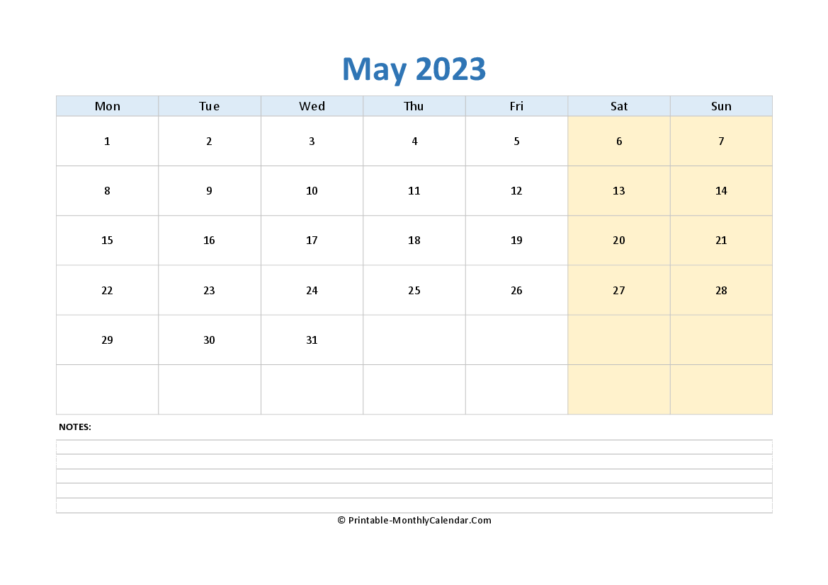 may 2023 editable calendar with notes (landscape layout)