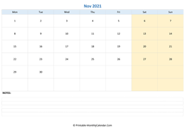 november 2021 editable calendar notes horizontal
