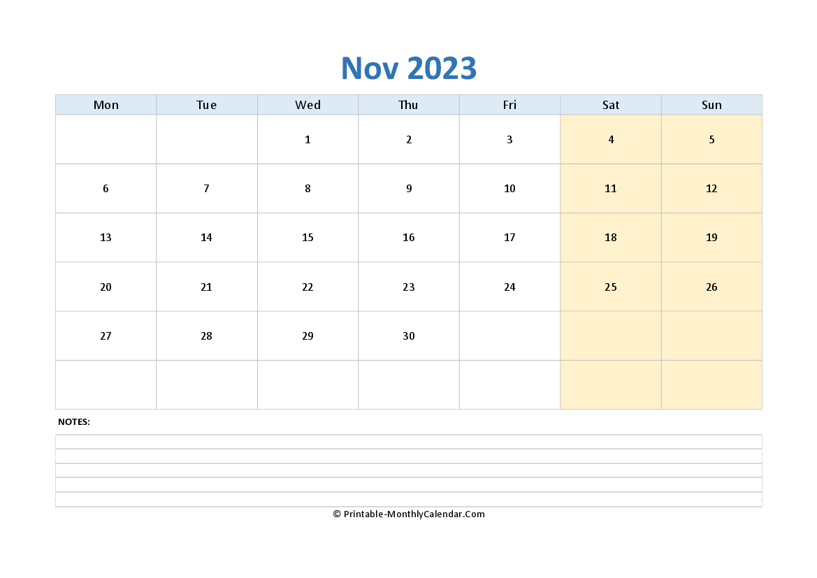 november 2023 editable calendar with notes (landscape layout)