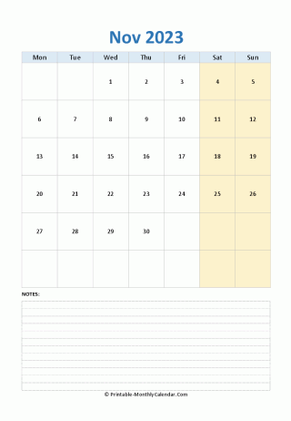 november 2023 editable calendar notes vertical