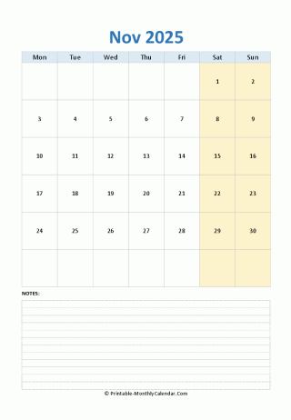 november 2025 editable calendar notes vertical