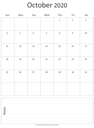 october 2020 printable calendar (portrait layout)